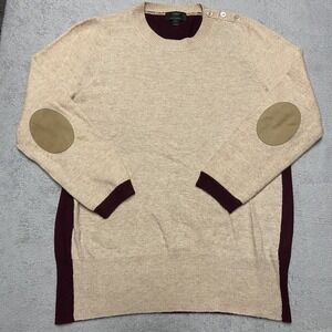 J Crew Cashmere Blend Sweater Womens Large Elbow Patch Beige Burgundy Luxury